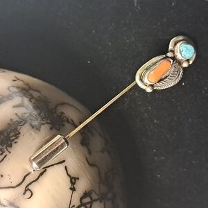 VTG Navajo Sterling Lapel Pin. Turquoise. Coral.